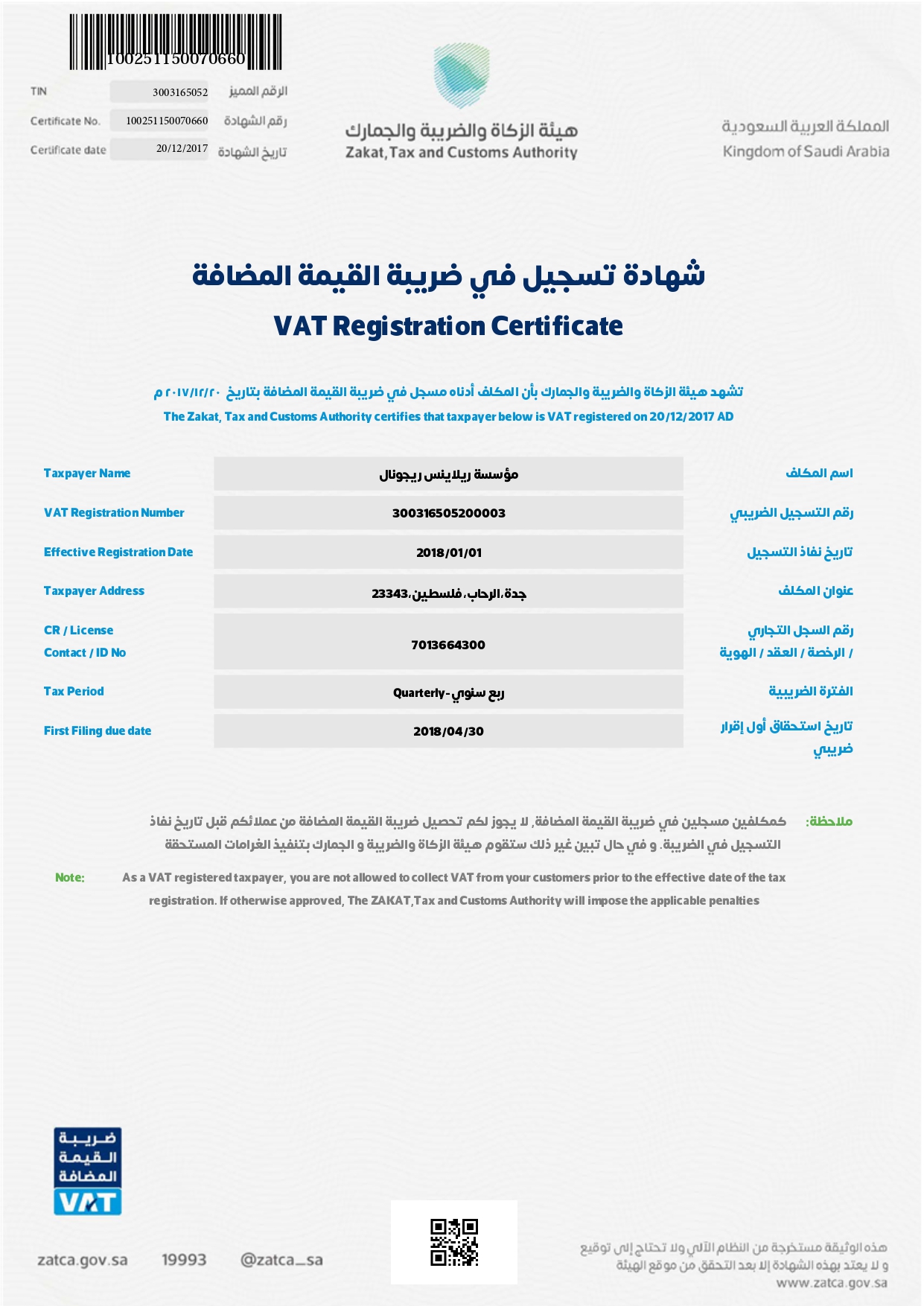 VAT Certificate